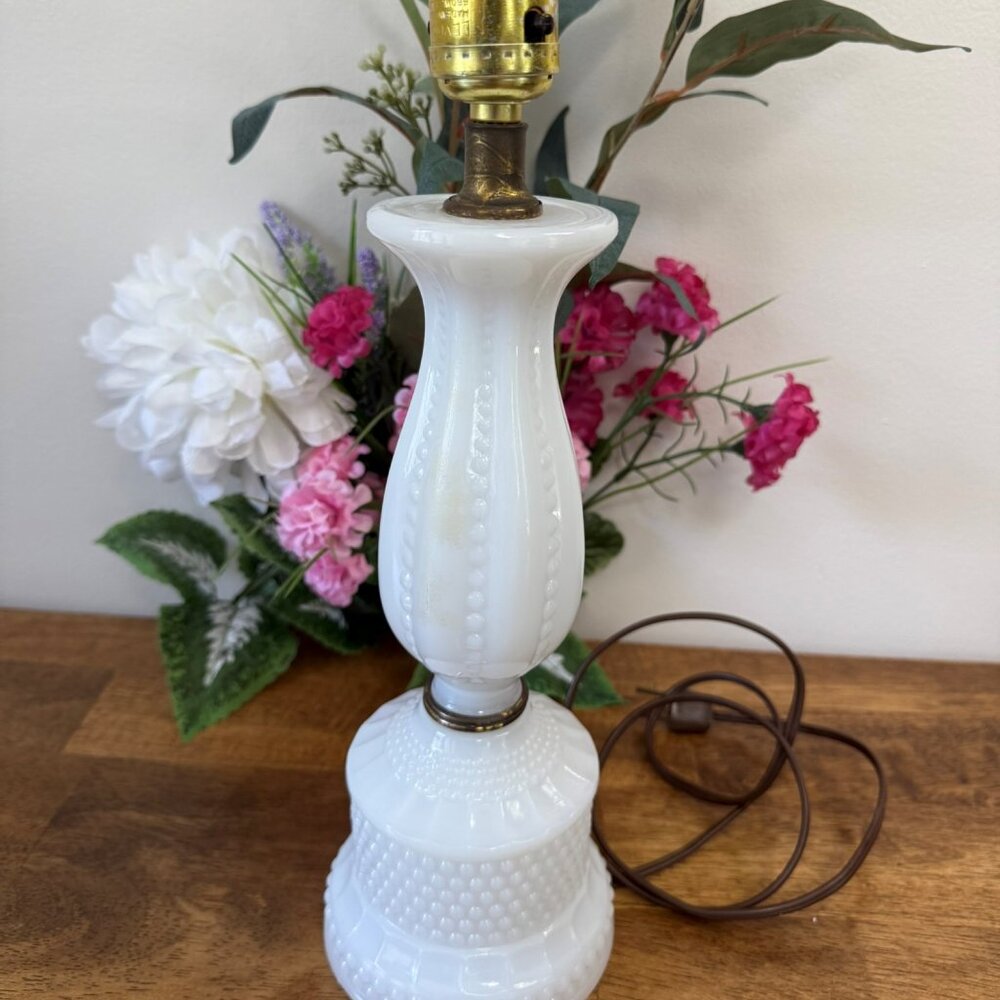 Vintage Milk Glass Table Lamp Beaded Pattern Pedestal Base Mid-Century Cottage